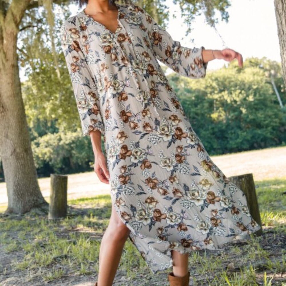 NATURAL LIFE Cream Floral Maxi with Brown and Blue Accents